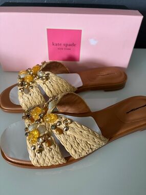 Kate Spade “Dock Crystal” Natural Braided Raffia Slide Sandals, Sz 9.5B